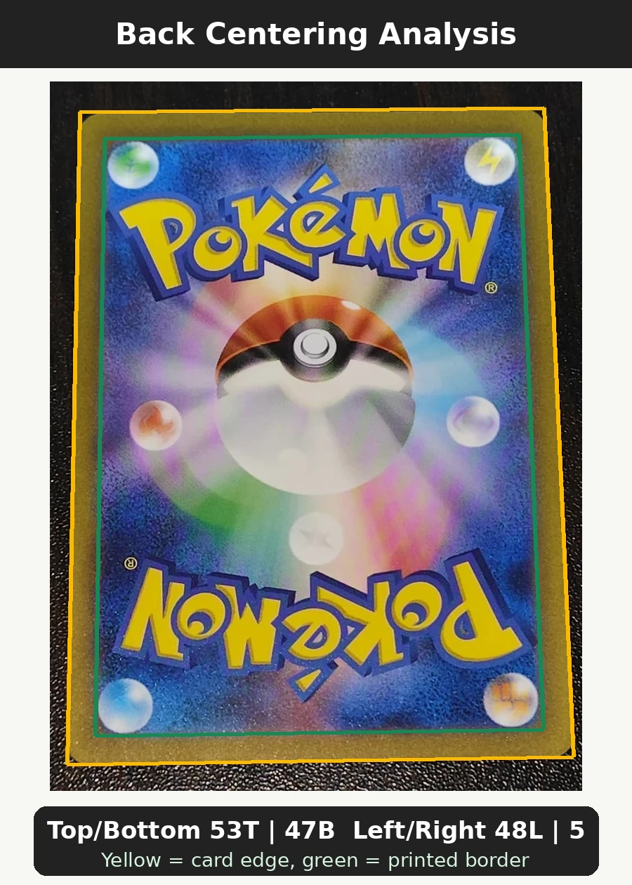 Mewtwo 183/165 Pokémon Card 151 back centering analysis showing Top/Bottom 53T | 47B and Left/Right 48L | 52R.