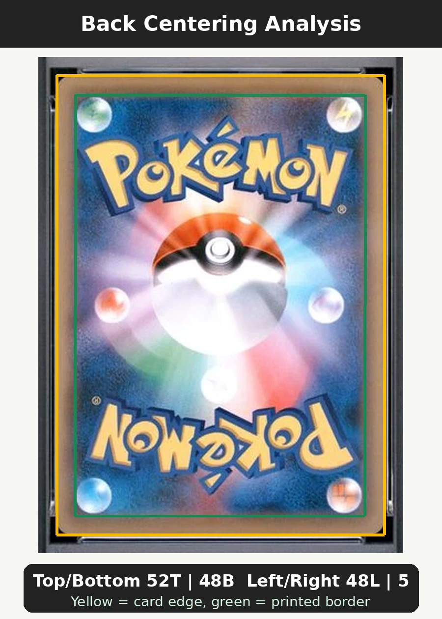 Rayquaza 232 XY Promos back centering analysis showing Top/Bottom 52T | 48B and Left/Right 48L | 52R.