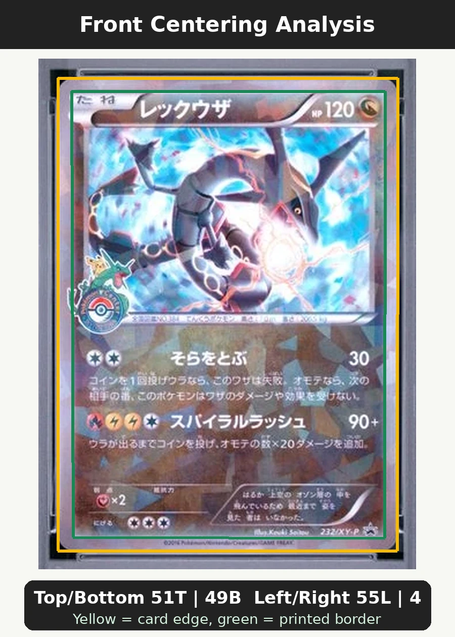 Rayquaza 232 XY Promos front centering analysis showing Top/Bottom 51T | 49B and Left/Right 55L | 45R.
