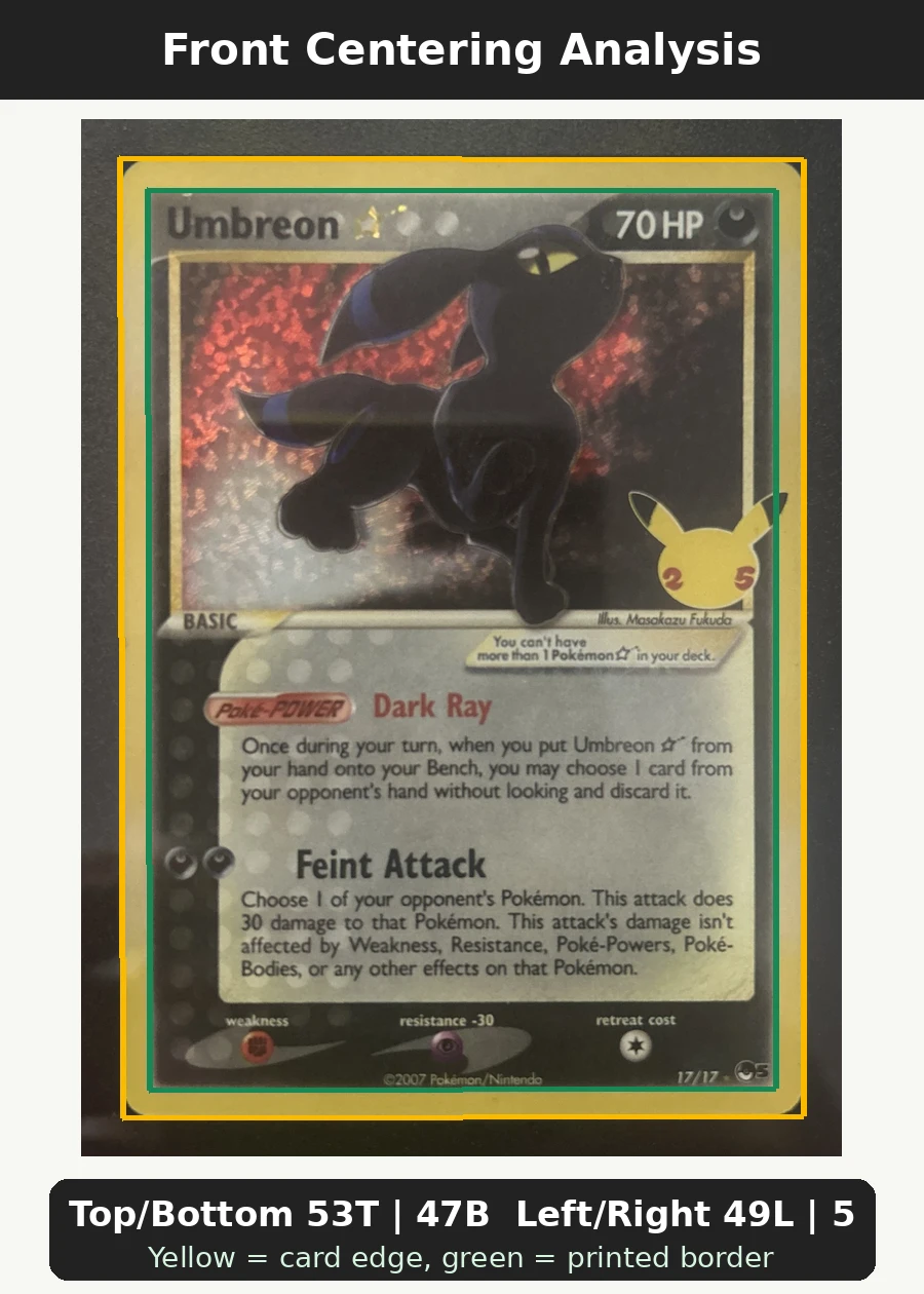 Umbreon Star 017/25 Celebrations front centering analysis showing Top/Bottom 53T | 47B and Left/Right 49L | 51R.