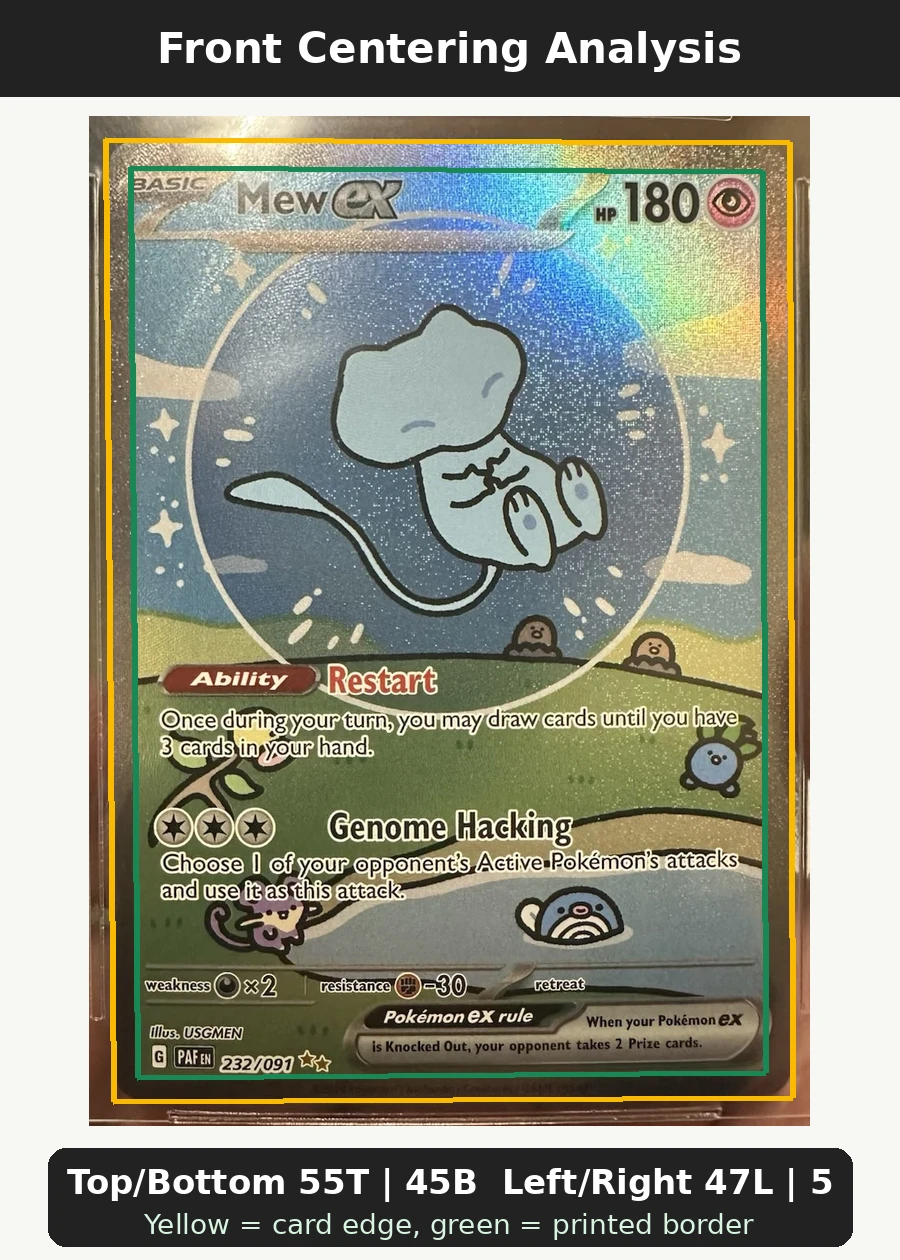 Mew ex 232/91 Paldean Fates front centering analysis showing Top/Bottom 55T | 45B and Left/Right 47L | 53R.