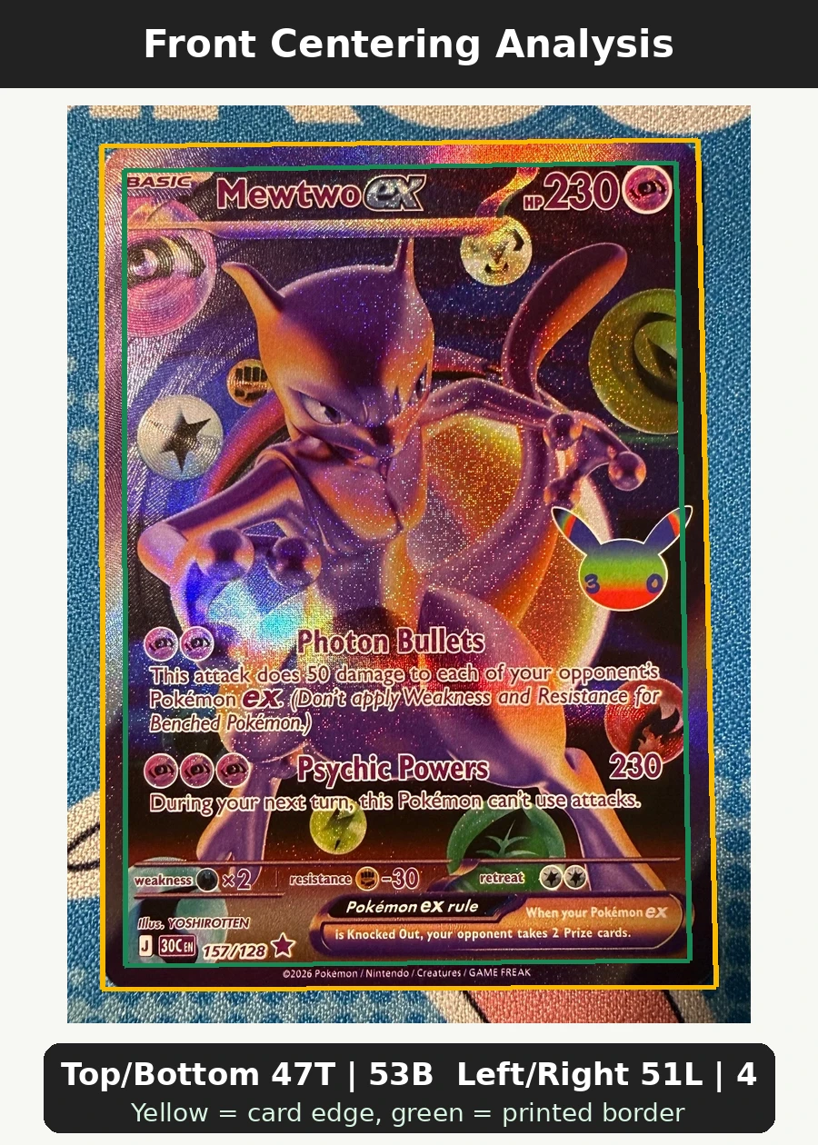 Mewtwo ex 157/128 30th Celebration front centering analysis showing Top/Bottom 47T | 53B and Left/Right 51L | 49R.