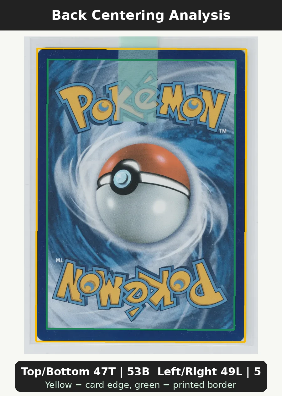 M Venusaur EX 100/108 Evolutions back centering analysis showing Top/Bottom 47T | 53B and Left/Right 49L | 51R.