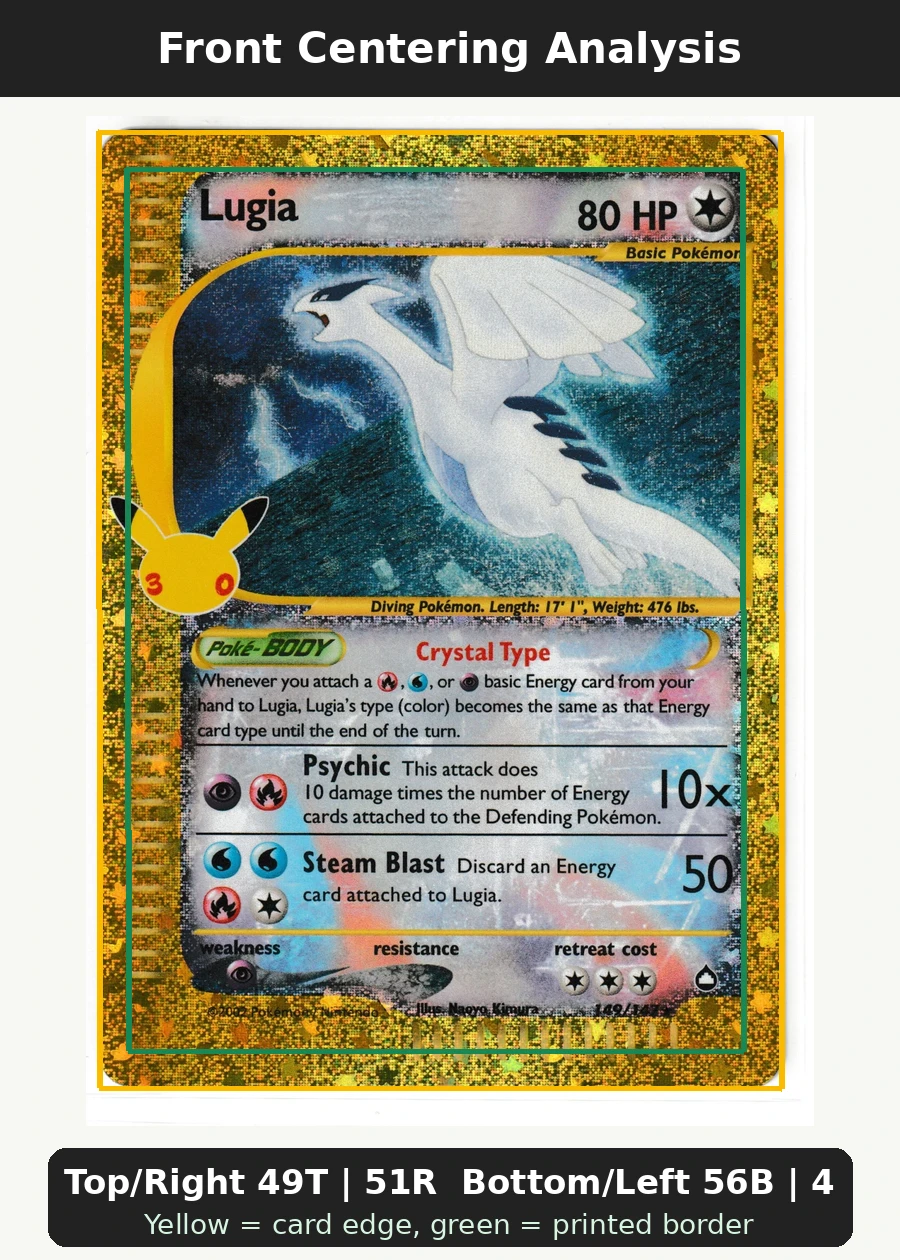Lugia 149 30th Classic Collection front centering analysis showing Top/Right 49T | 51R and Bottom/Left 56B | 44L.