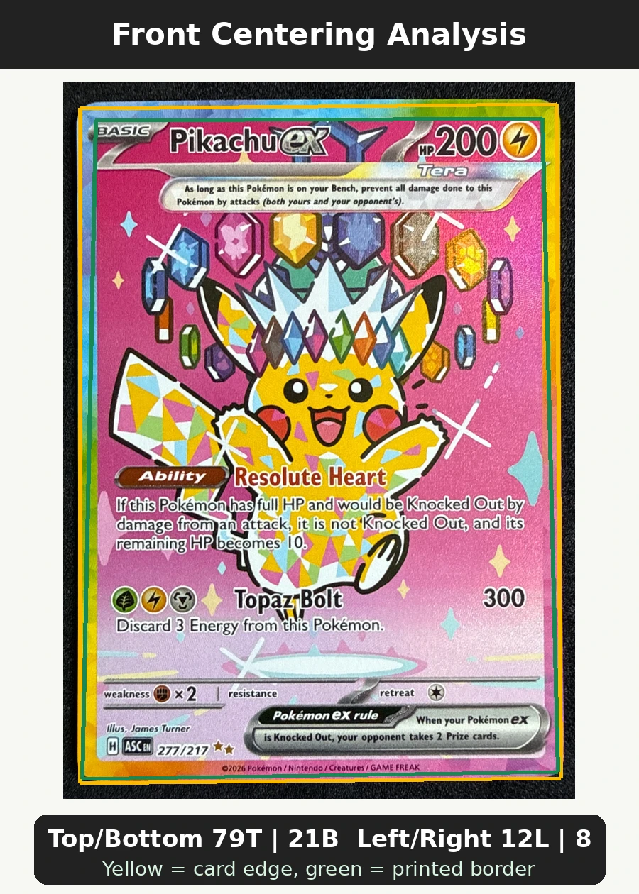 Pikachu ex 277/217 Ascended Heroes front centering analysis showing Top/Bottom 79T | 21B and Left/Right 12L | 88R.