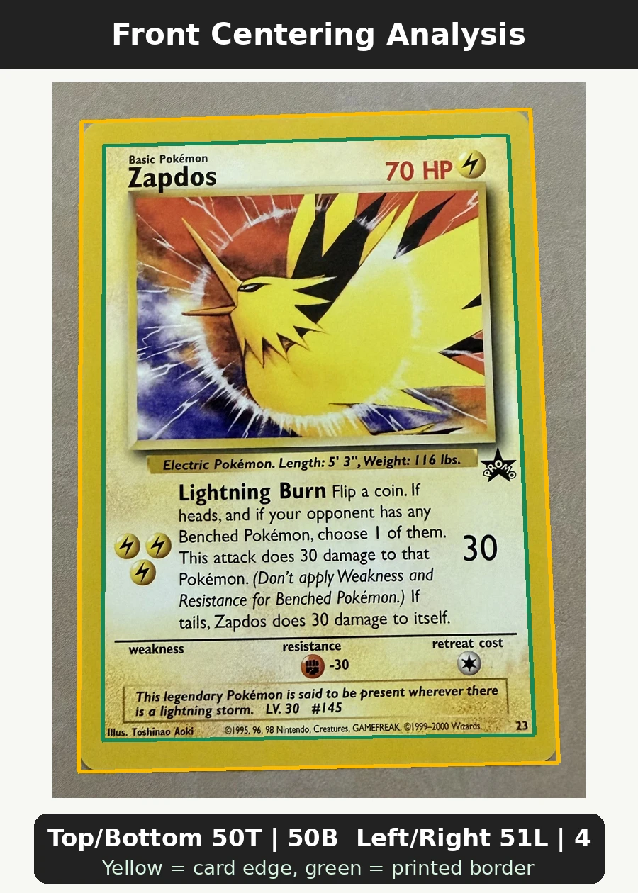 Zapdos 023/53 Wizards Black Star Promos front centering analysis showing Top/Bottom 50T | 50B and Left/Right 51L | 49R.