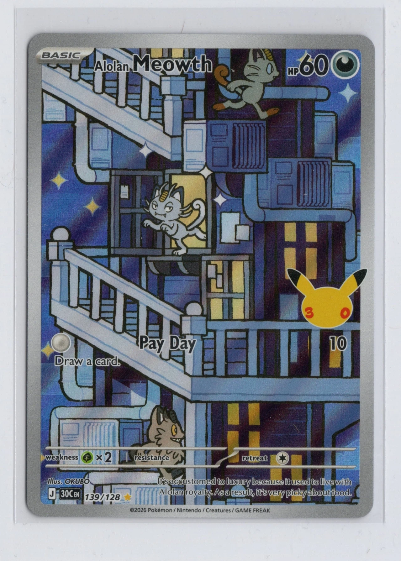Alolan Meowth 139/128 30th Celebration front card photo in GradeValue pregrading report