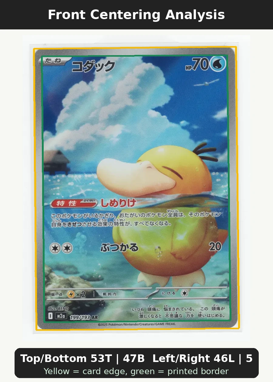 Psyduck 226/217 Ascended Heroes front centering analysis showing Top/Bottom 53T | 47B and Left/Right 46L | 54R.
