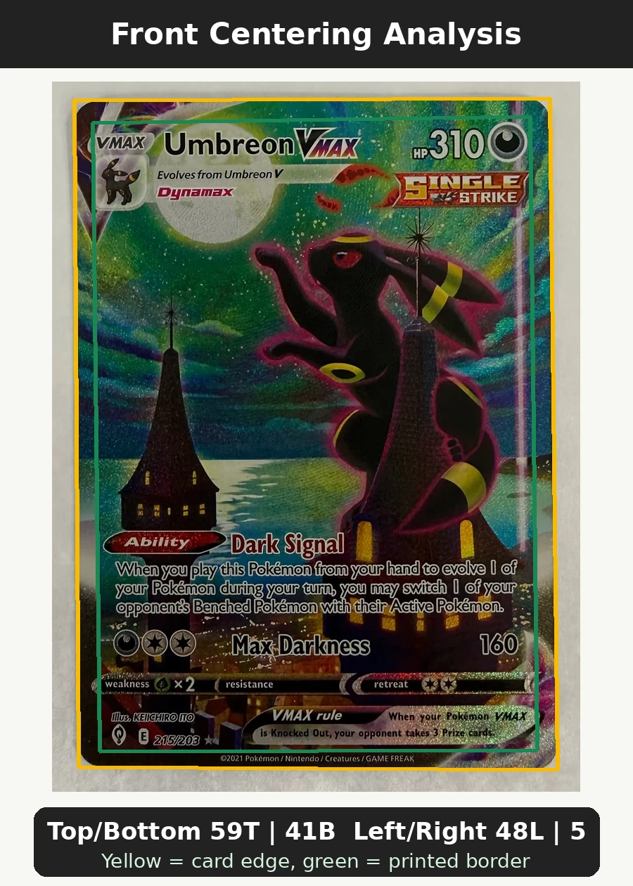Umbreon VMAX 215/203 Evolving Skies front centering analysis showing Top/Bottom 59T | 41B and Left/Right 48L | 52R.