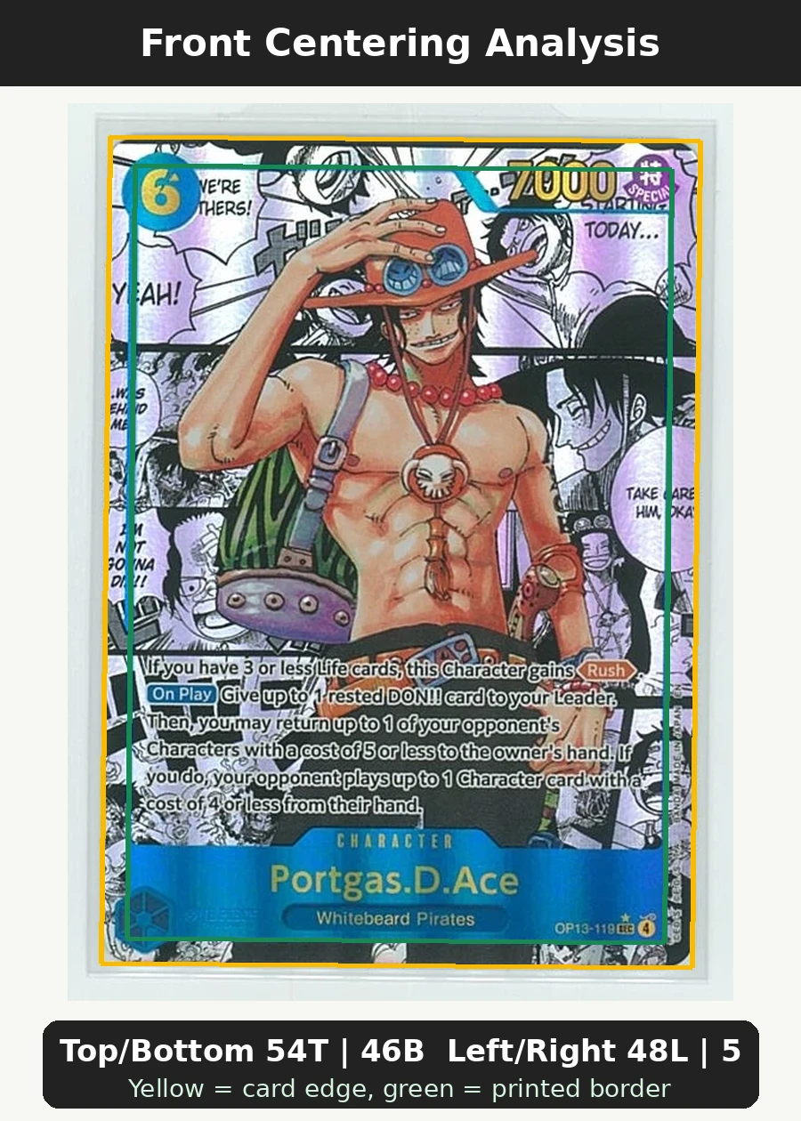 Portgas.D.Ace (OP13-119) (Manga) OP13-119 Carrying On His Will front centering analysis showing Top/Bottom 54T | 46B and Left/Right 48L | 52R.