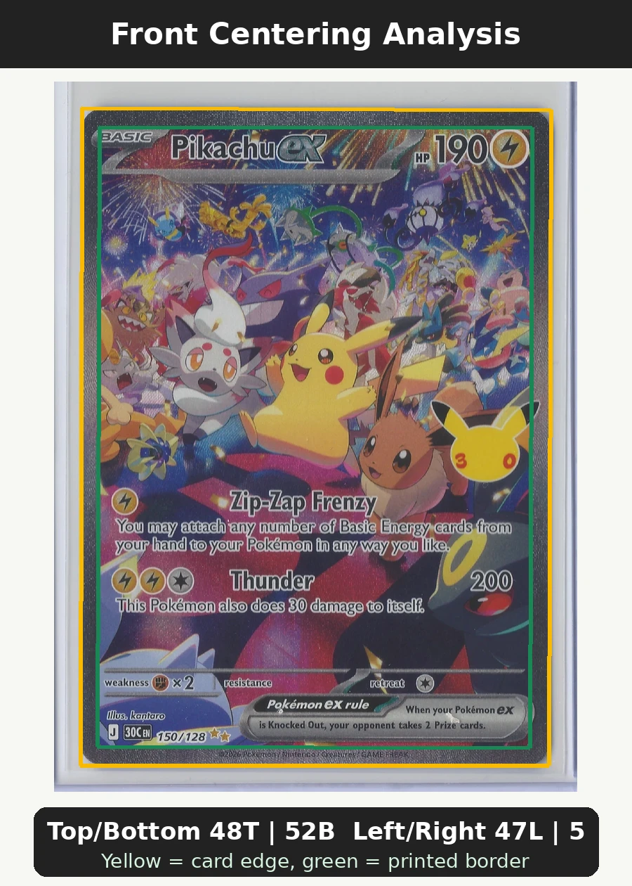 Pikachu ex 150/128 30th Celebration front centering analysis showing Top/Bottom 48T | 52B and Left/Right 47L | 53R.