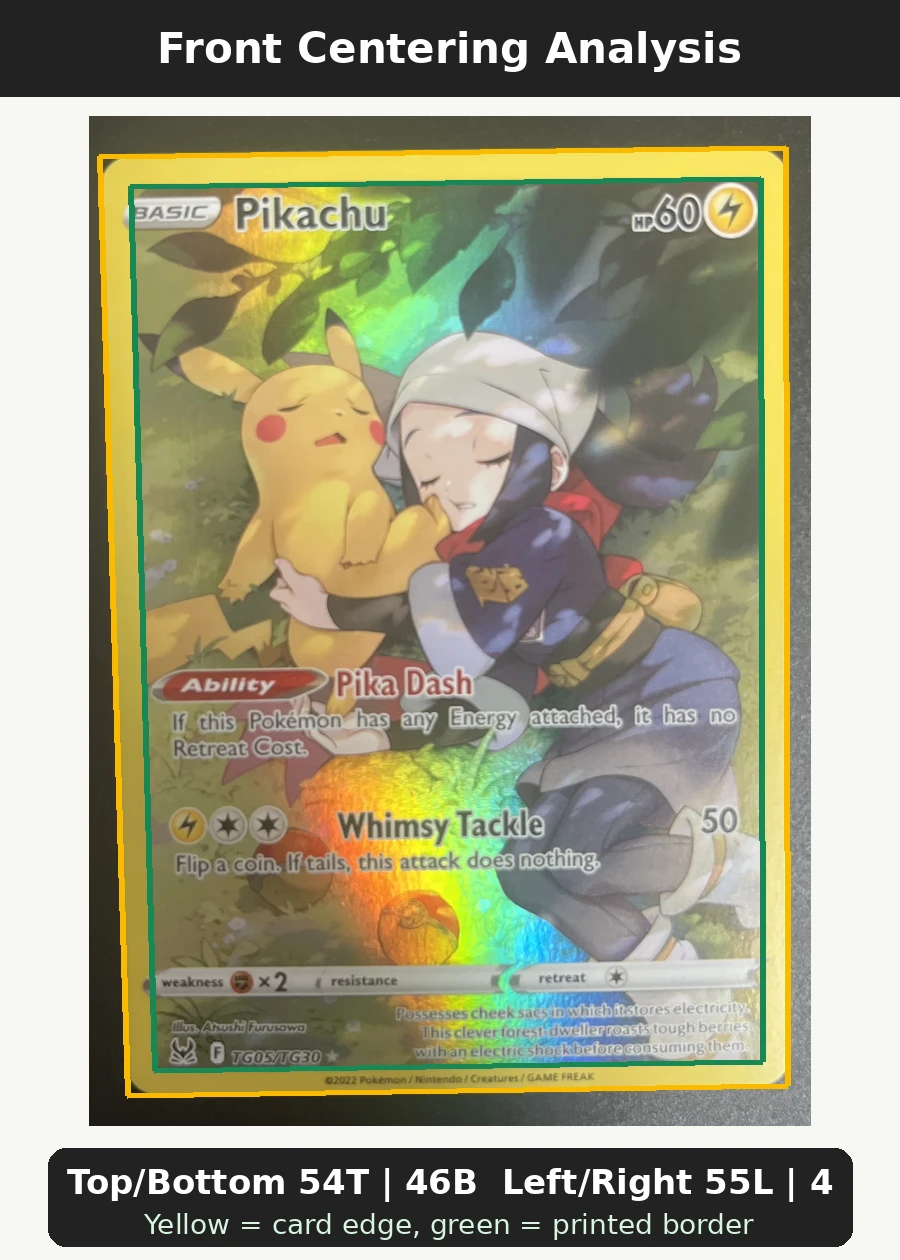 Pikachu TG05/196 Lost Origin front centering analysis showing Top/Bottom 54T | 46B and Left/Right 55L | 45R.