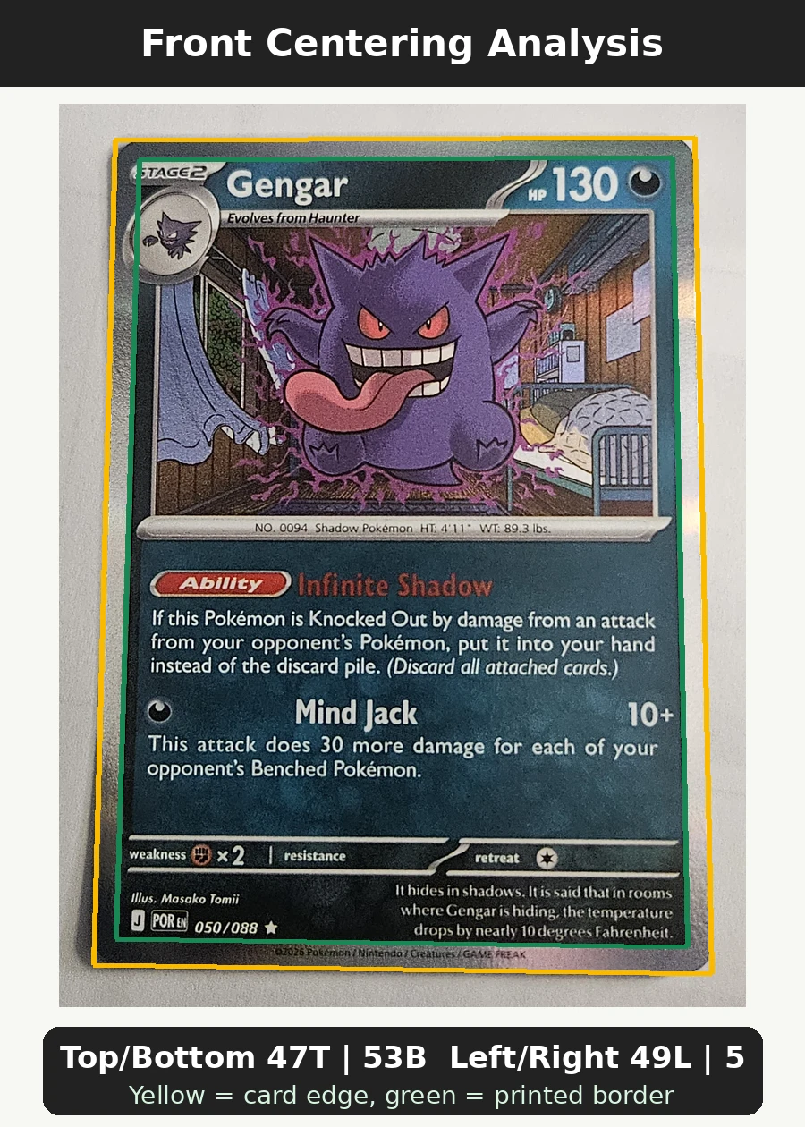 Gengar 050/88 Perfect Order front centering analysis showing Top/Bottom 47T | 53B and Left/Right 49L | 51R.