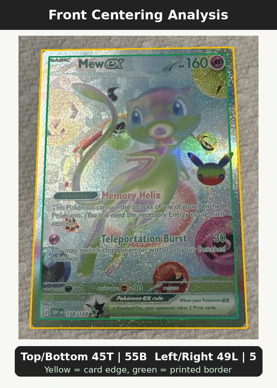 Mew ex 158/128 30th Celebration front centering analysis showing Top/Bottom 45T | 55B and Left/Right 49L | 51R.