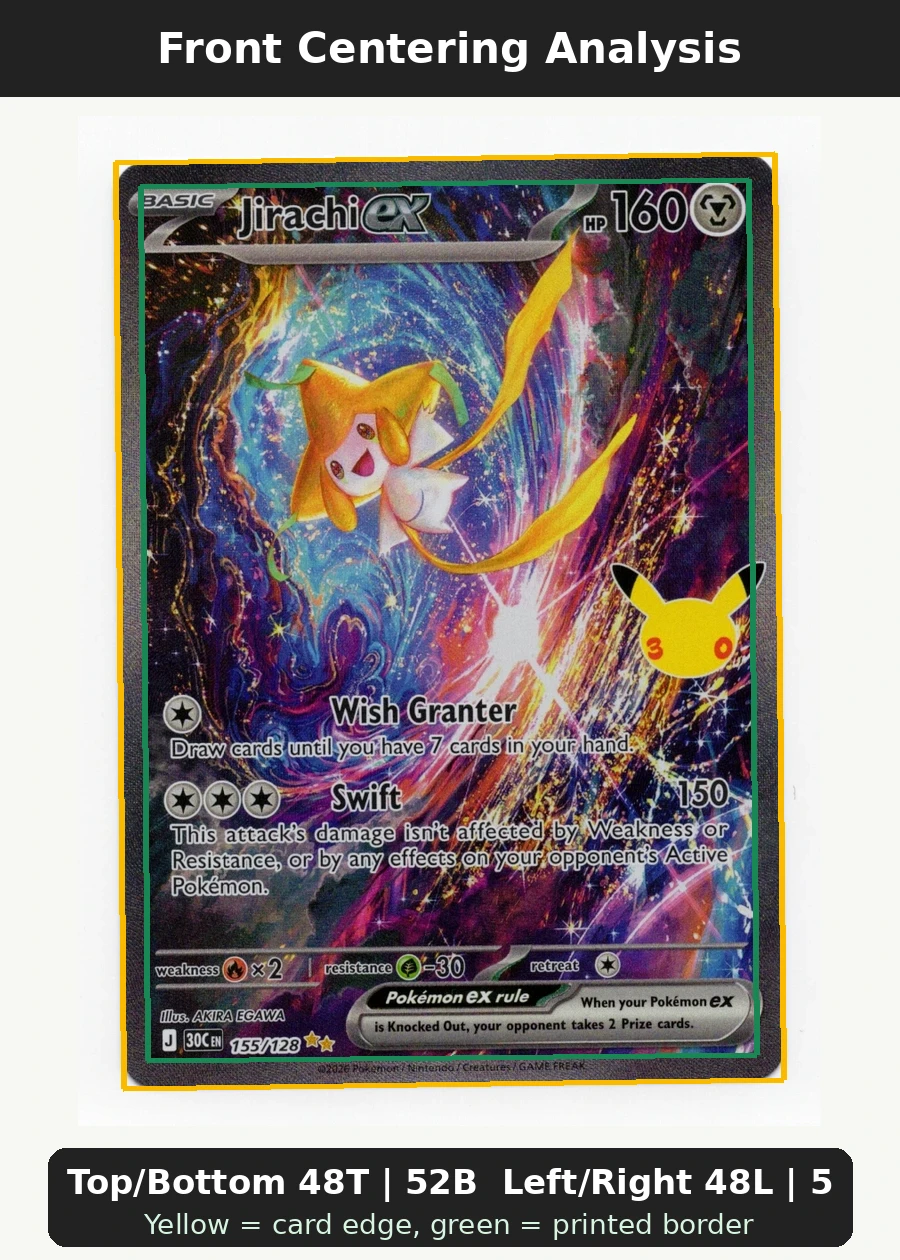 Jirachi ex 155/128 30th Celebration front centering analysis showing Top/Bottom 48T | 52B and Left/Right 48L | 52R.