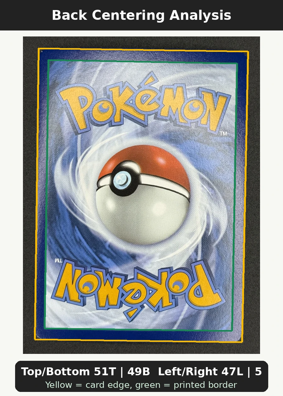 Mew ex 053/225 SVP Black Star Promos back centering analysis showing Top/Bottom 51T | 49B and Left/Right 47L | 53R.