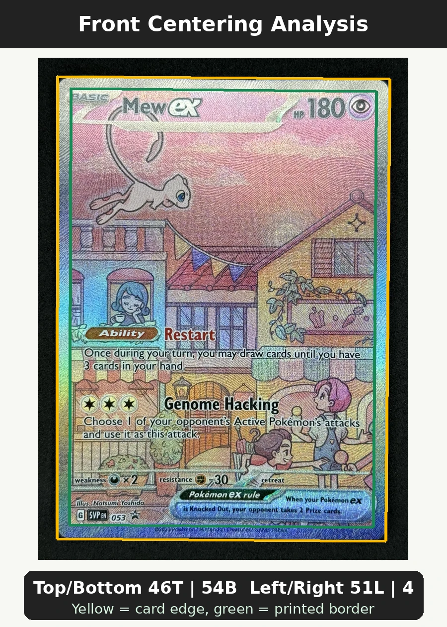 Mew ex 053/225 SVP Black Star Promos front centering analysis showing Top/Bottom 46T | 54B and Left/Right 51L | 49R.