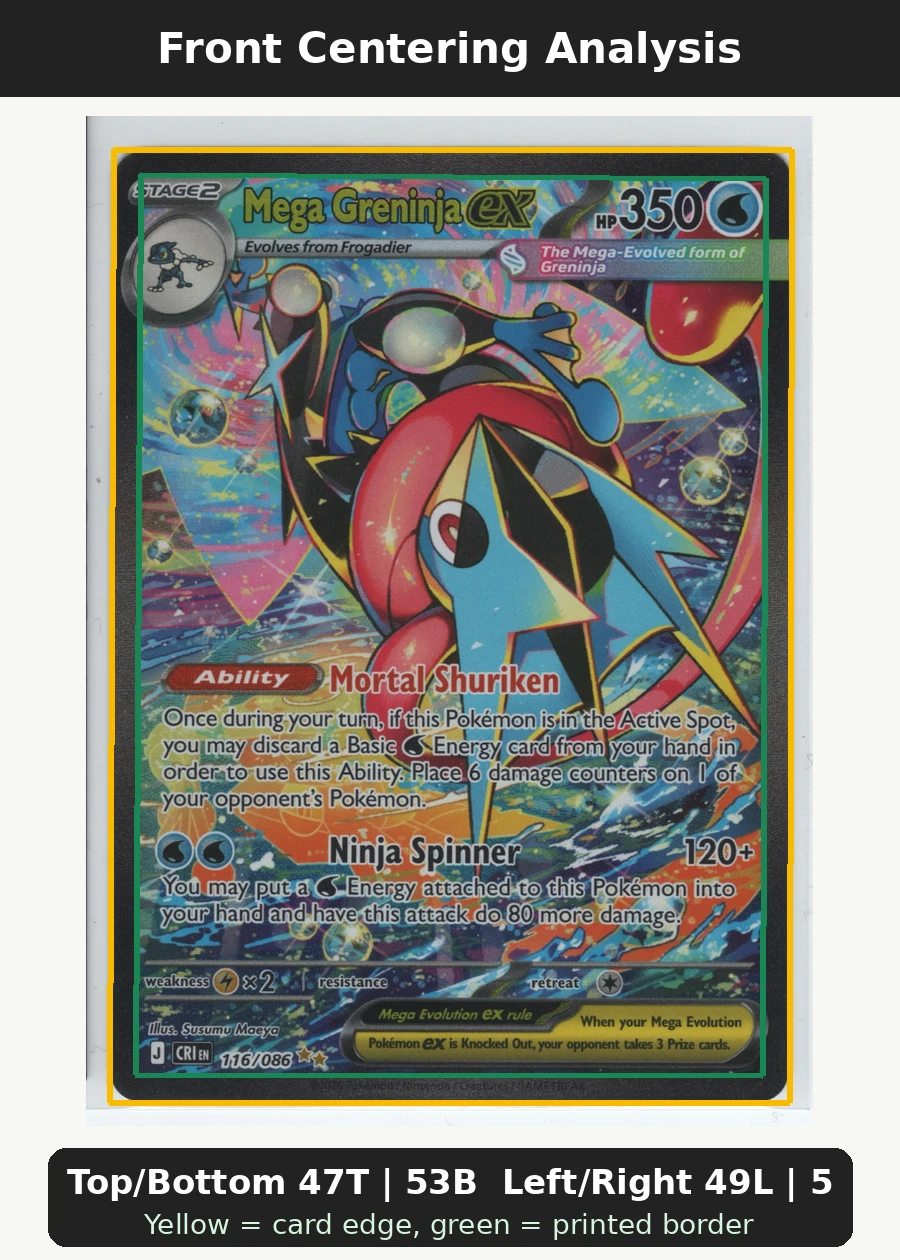 Mega Greninja ex 116/86 Chaos Rising front centering analysis showing Top/Bottom 47T | 53B and Left/Right 49L | 51R.