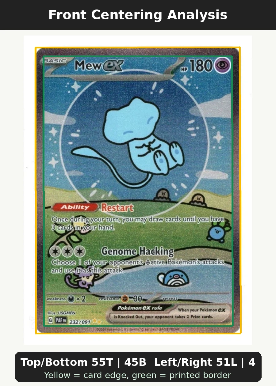 Mew ex 232/91 Paldean Fates front centering analysis showing Top/Bottom 55T | 45B and Left/Right 51L | 49R.