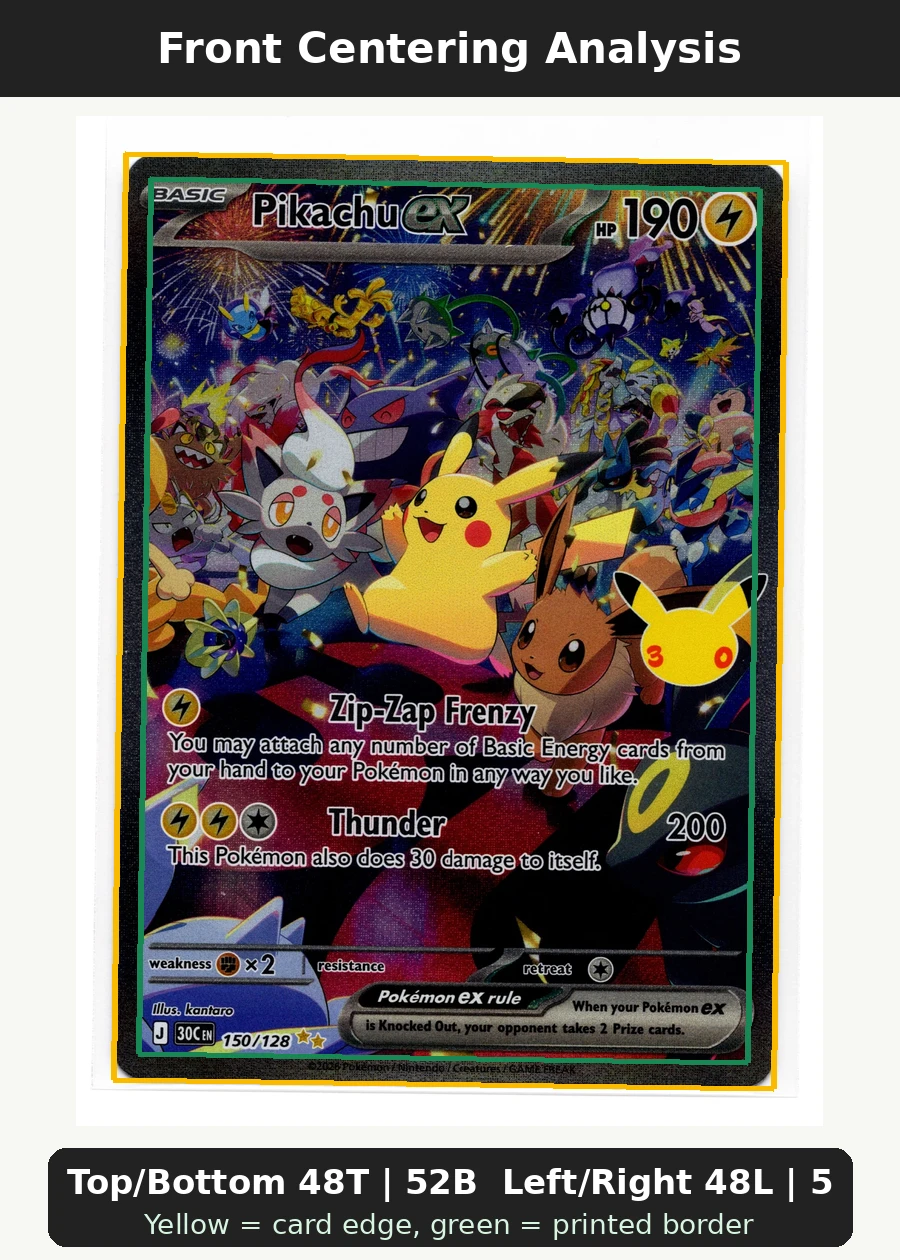 Pikachu ex 150/128 30th Celebration front centering analysis showing Top/Bottom 48T | 52B and Left/Right 48L | 52R.