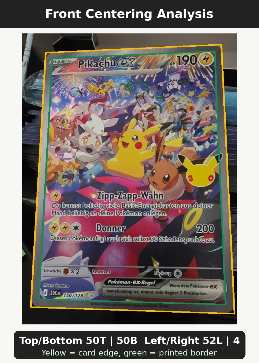 Pikachu ex 150/128 30th Celebration front centering analysis showing Top/Bottom 50T | 50B and Left/Right 52L | 48R.