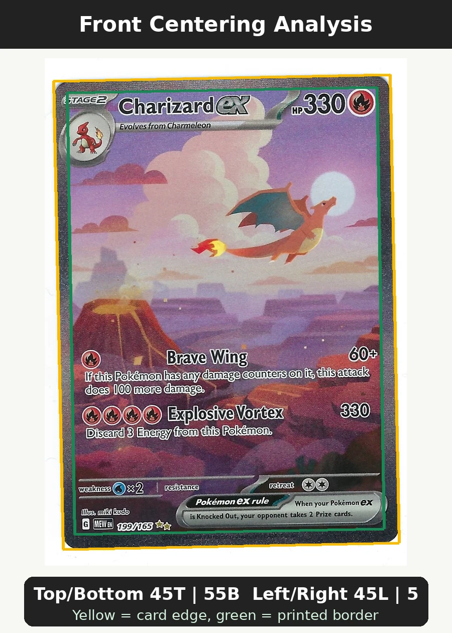Charizard ex 199/165 151 front centering analysis showing Top/Bottom 45T | 55B and Left/Right 45L | 55R.