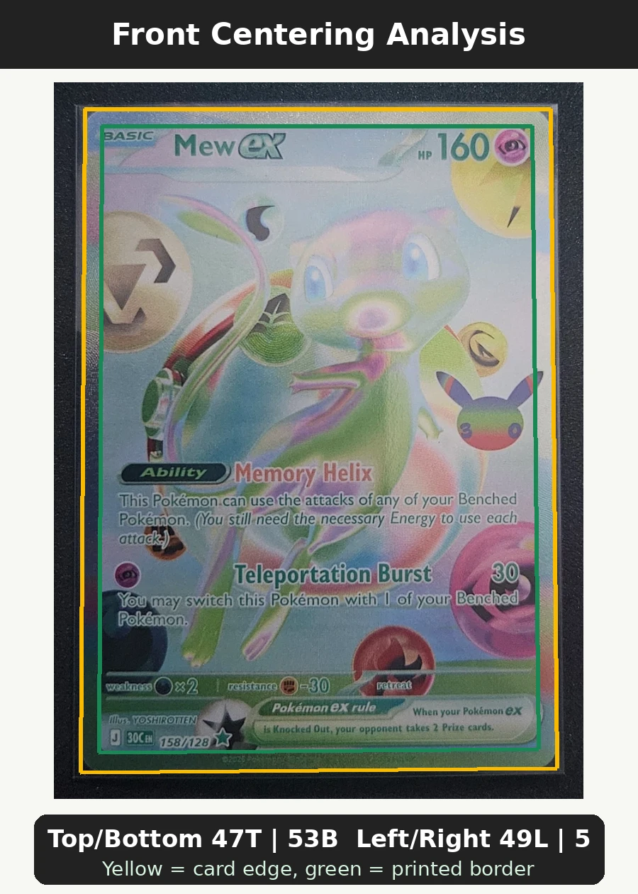 Mew ex 158/128 30th Celebration front centering analysis showing Top/Bottom 47T | 53B and Left/Right 49L | 51R.
