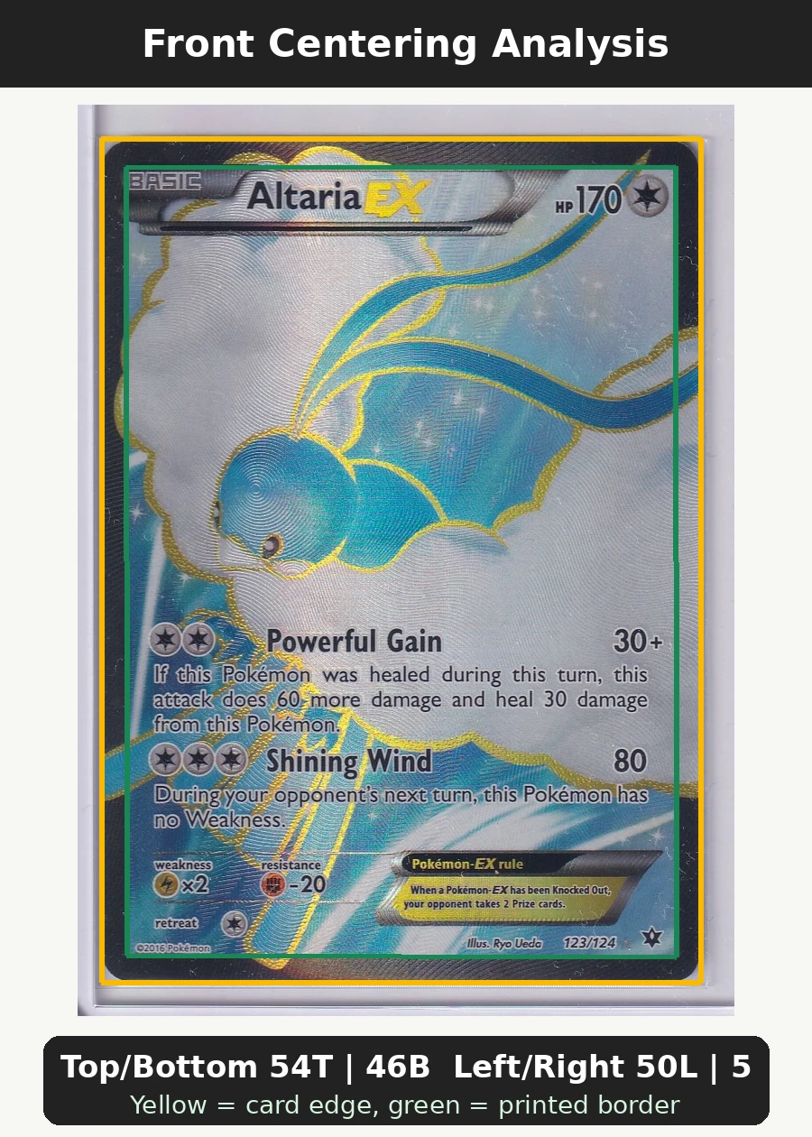 Altaria EX 123/124 Fates Collide front centering analysis showing Top/Bottom 54T | 46B and Left/Right 50L | 50R.