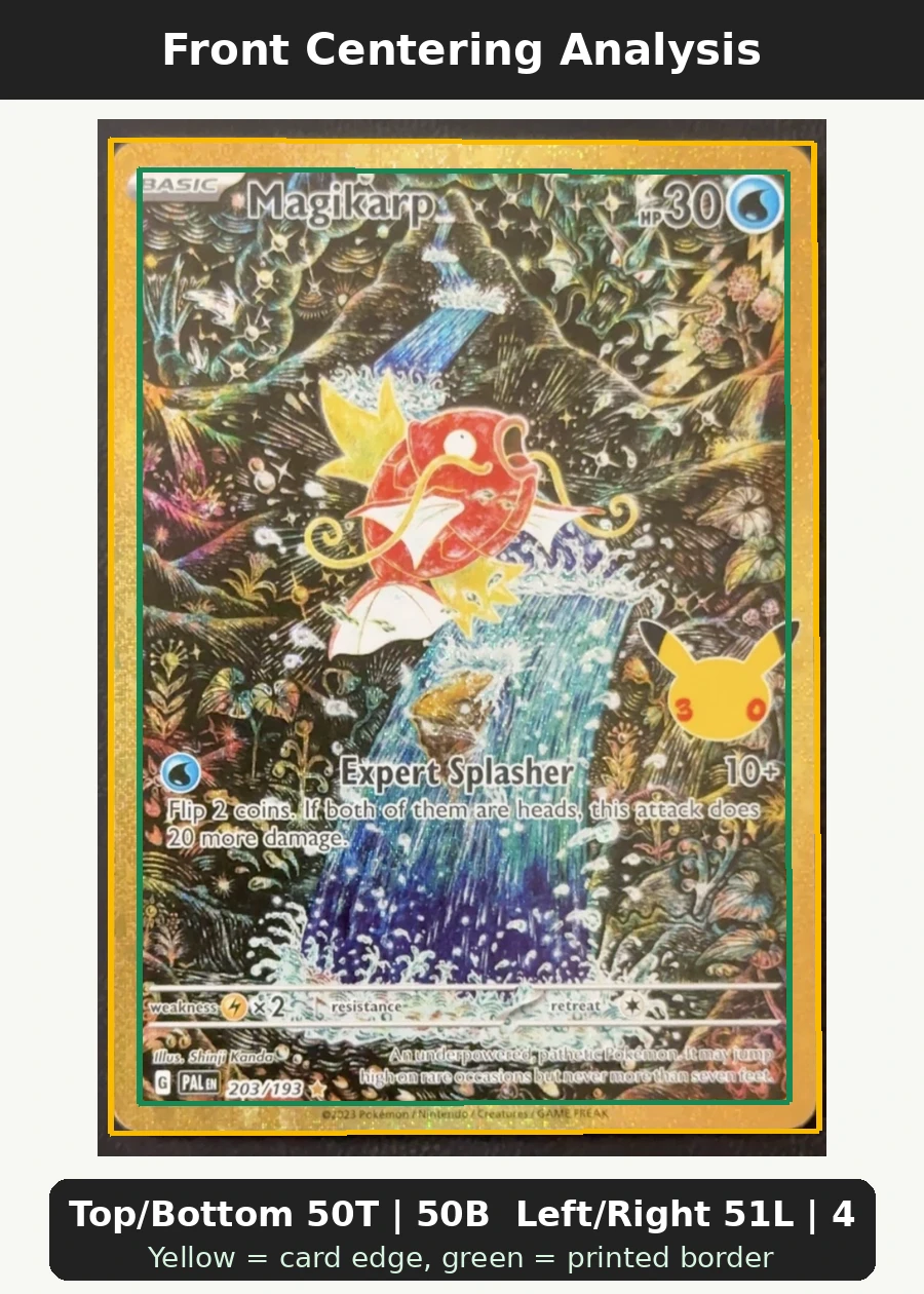 Magikarp 203 30th Classic Collection front centering analysis showing Top/Bottom 50T | 50B and Left/Right 51L | 49R.