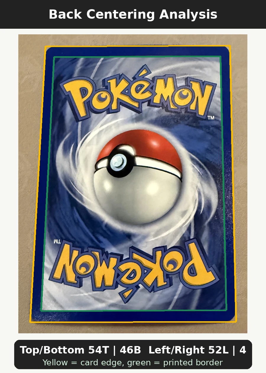 Entei 034/53 Wizards Black Star Promos back centering analysis showing Top/Bottom 54T | 46B and Left/Right 52L | 48R.