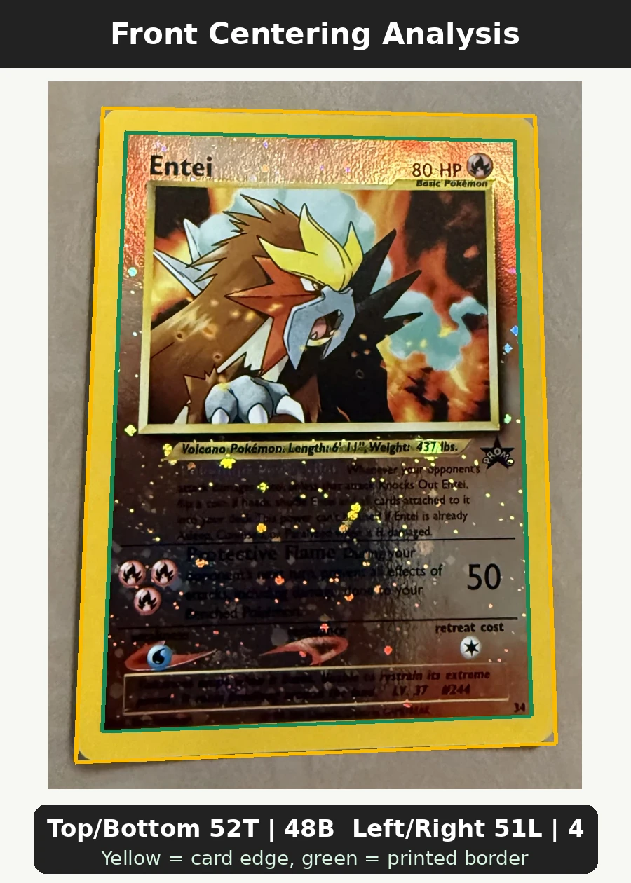 Entei 034/53 Wizards Black Star Promos front centering analysis showing Top/Bottom 52T | 48B and Left/Right 51L | 49R.