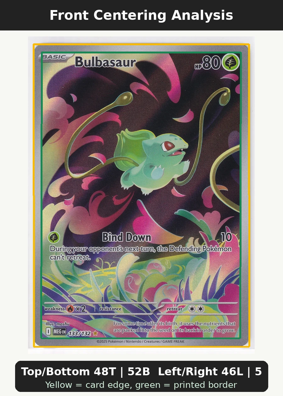 Bulbasaur 133/132 Mega Evolution front centering analysis showing Top/Bottom 48T | 52B and Left/Right 46L | 54R.