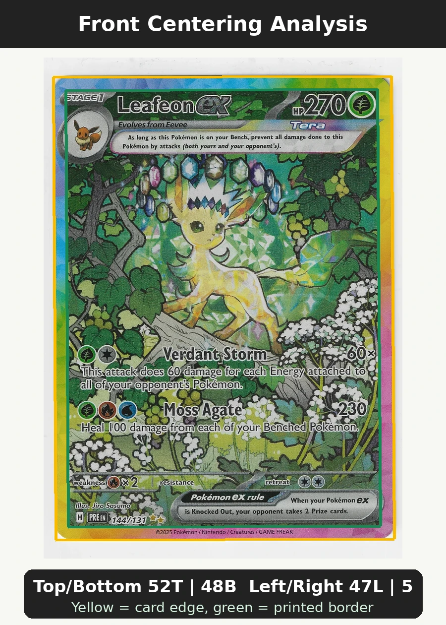 Leafeon ex 144/131 Prismatic Evolutions front centering analysis showing Top/Bottom 52T | 48B and Left/Right 47L | 53R.