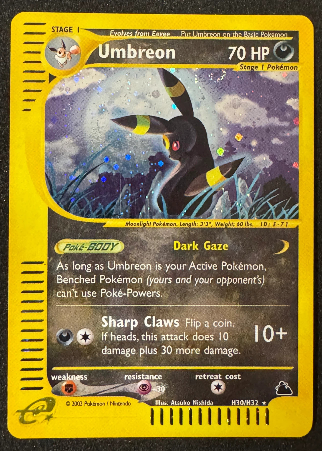 Umbreon H30/144 Skyridge front card photo in GradeValue pregrading report