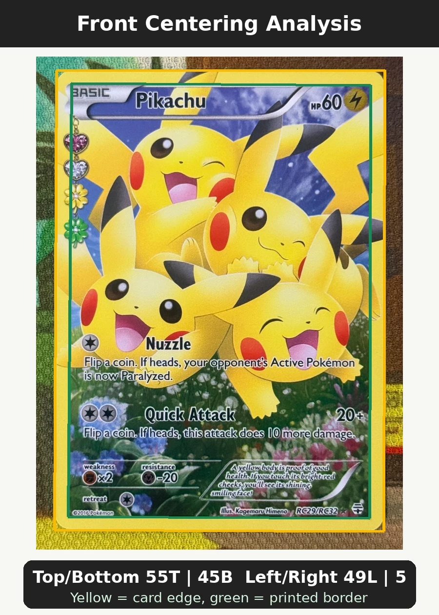 Pikachu RC29/83 Generations front centering analysis showing Top/Bottom 55T | 45B and Left/Right 49L | 51R.