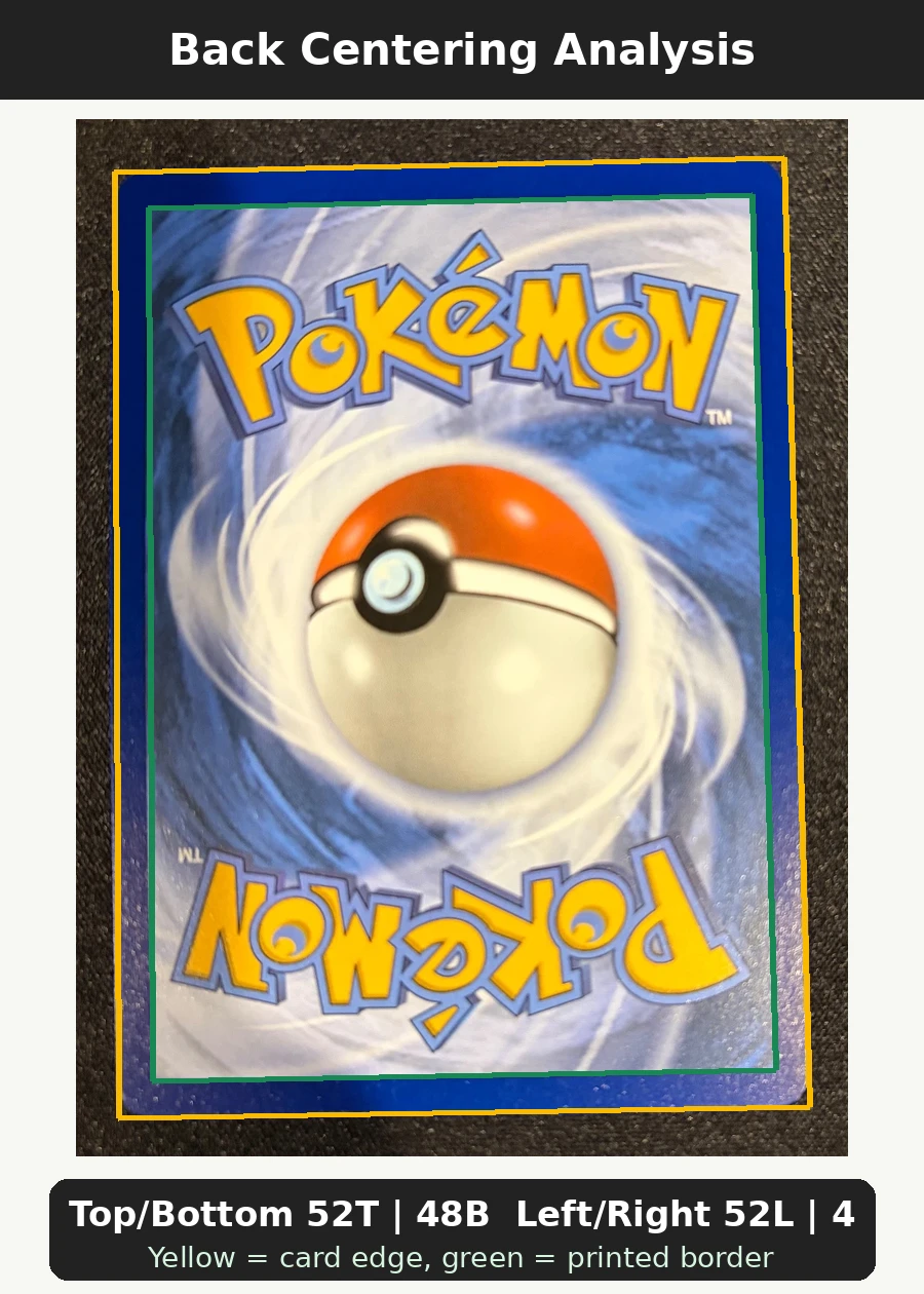 Charizard 004 30th Classic Collection back centering analysis showing Top/Bottom 52T | 48B and Left/Right 52L | 48R.