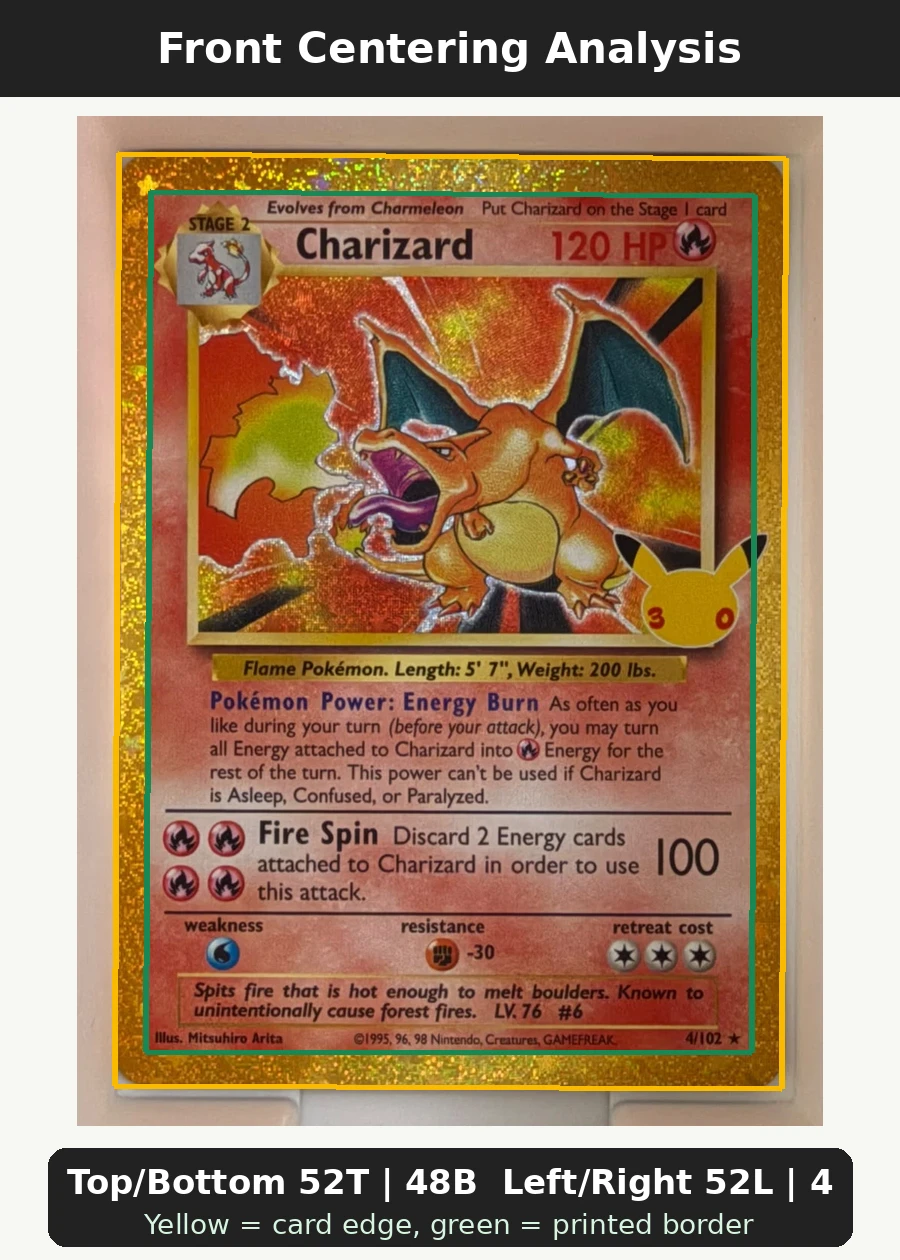 Charizard 004 30th Classic Collection front centering analysis showing Top/Bottom 52T | 48B and Left/Right 52L | 48R.