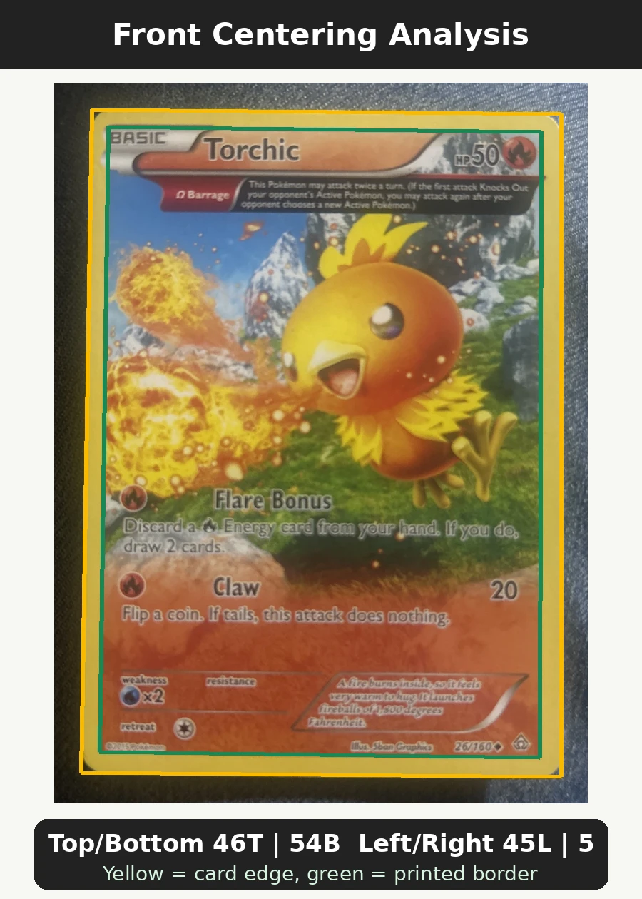 Torchic 026/160 Primal Clash front centering analysis showing Top/Bottom 46T | 54B and Left/Right 45L | 55R.