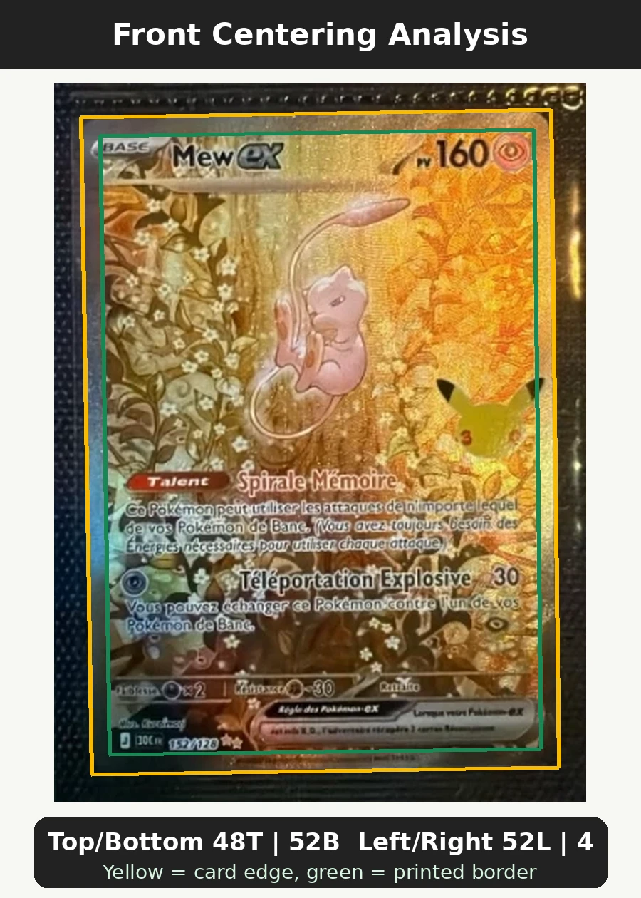Mew ex 152/128 30th Celebration front centering analysis showing Top/Bottom 48T | 52B and Left/Right 52L | 48R.