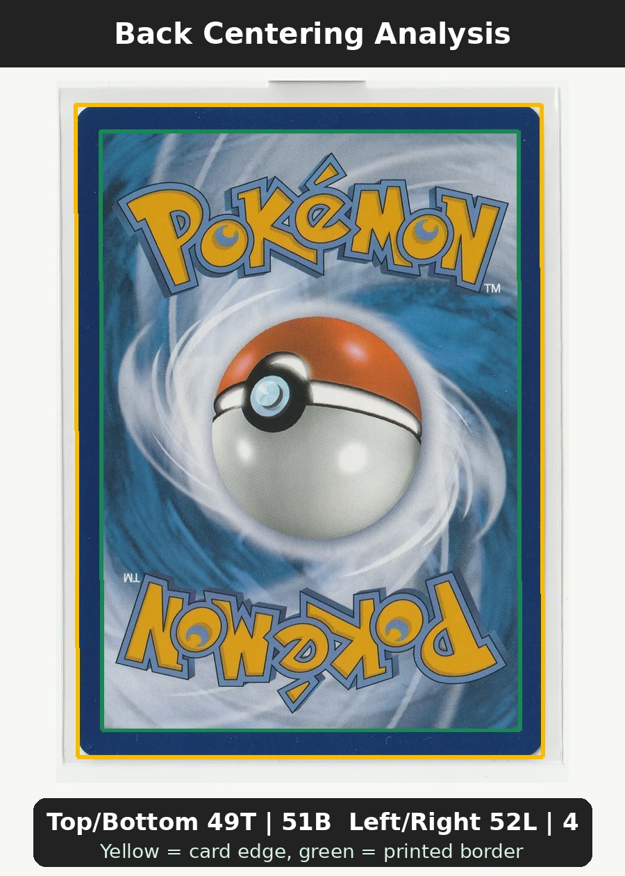 Mewtwo 052/225 SVP Black Star Promos back centering analysis showing Top/Bottom 49T | 51B and Left/Right 52L | 48R.