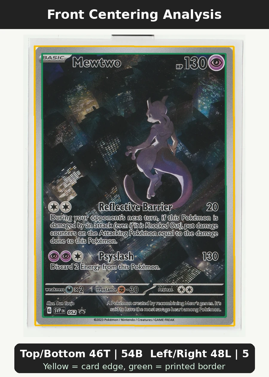 Mewtwo 052/225 SVP Black Star Promos front centering analysis showing Top/Bottom 46T | 54B and Left/Right 48L | 52R.