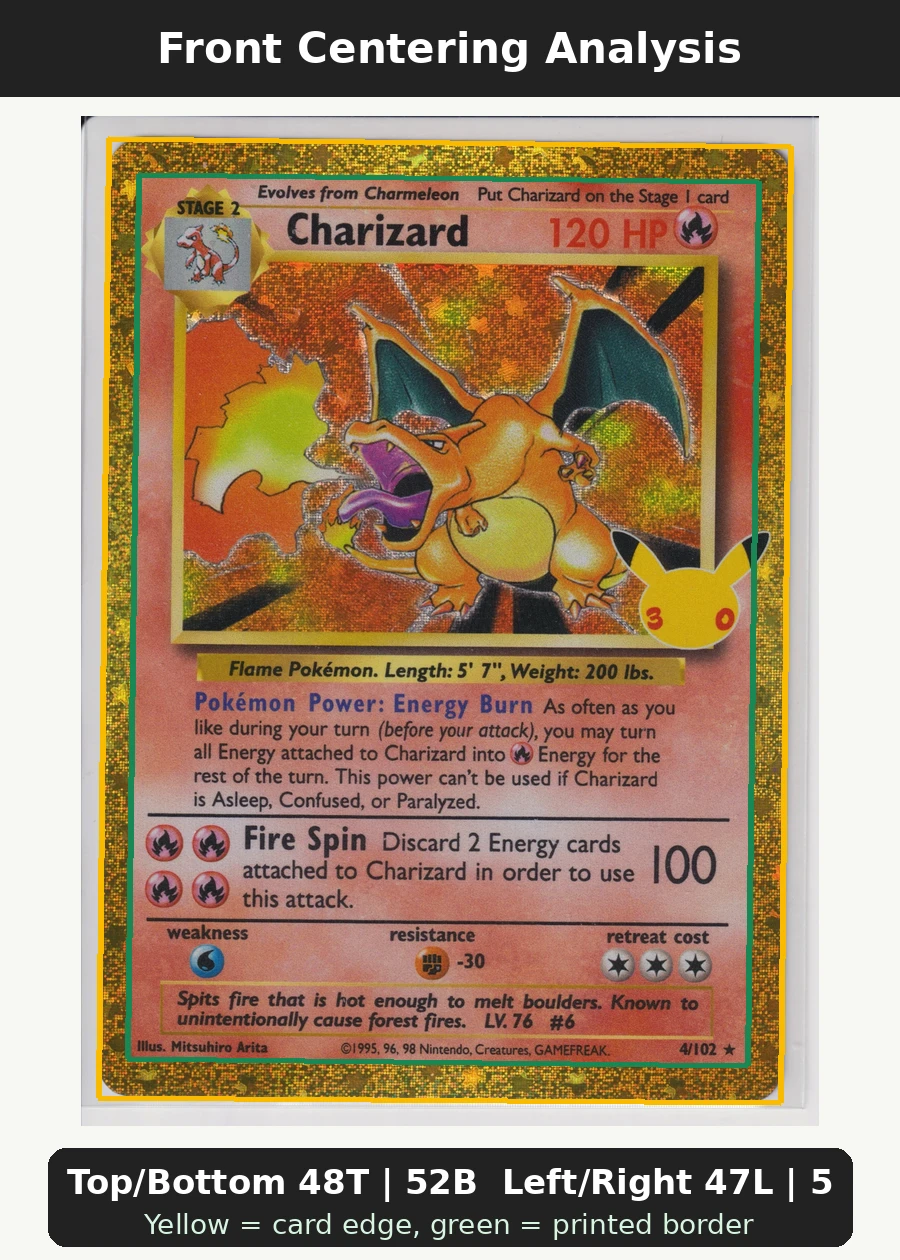 Charizard 004 30th Classic Collection front centering analysis showing Top/Bottom 48T | 52B and Left/Right 47L | 53R.