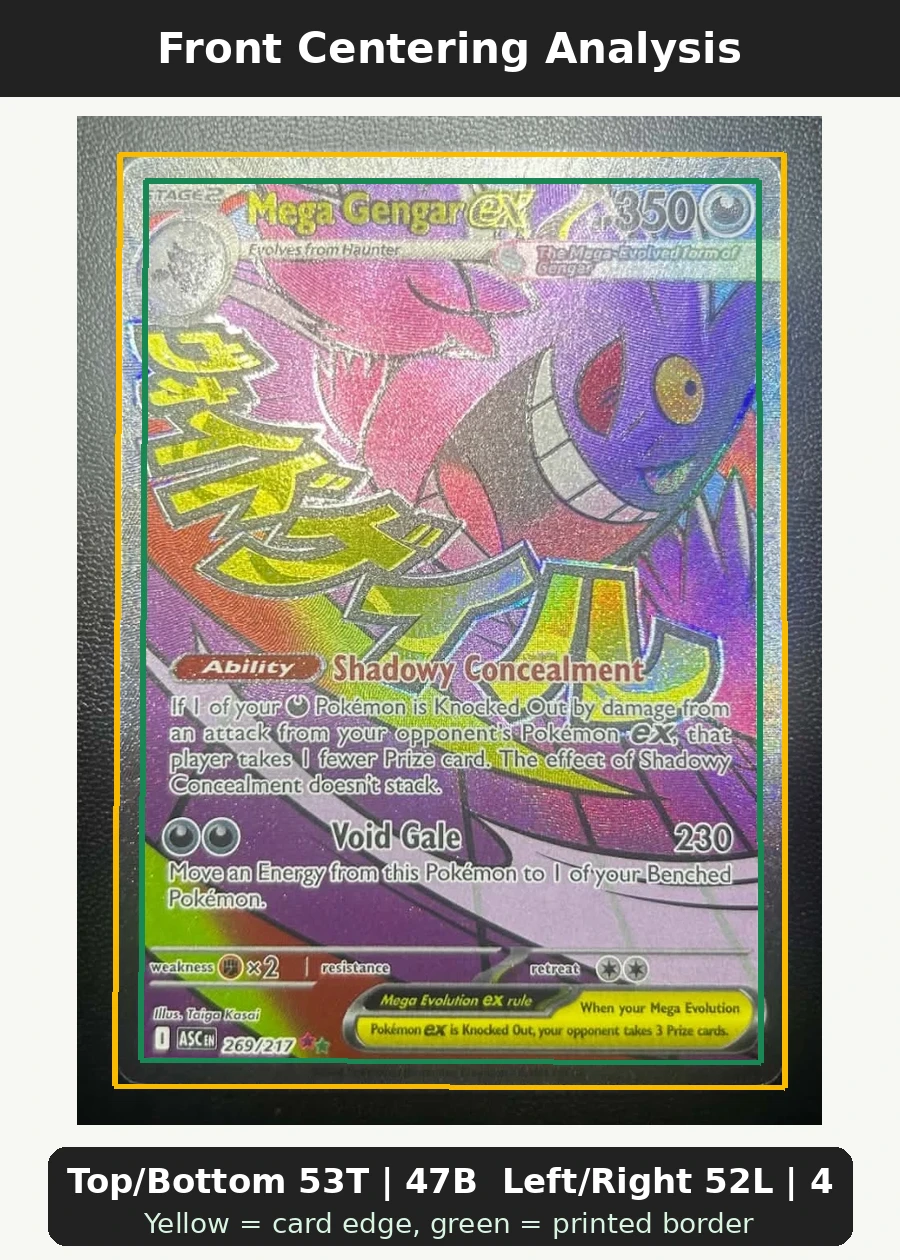 Mega Gengar ex 269/217 Ascended Heroes front centering analysis showing Top/Bottom 53T | 47B and Left/Right 52L | 48R.