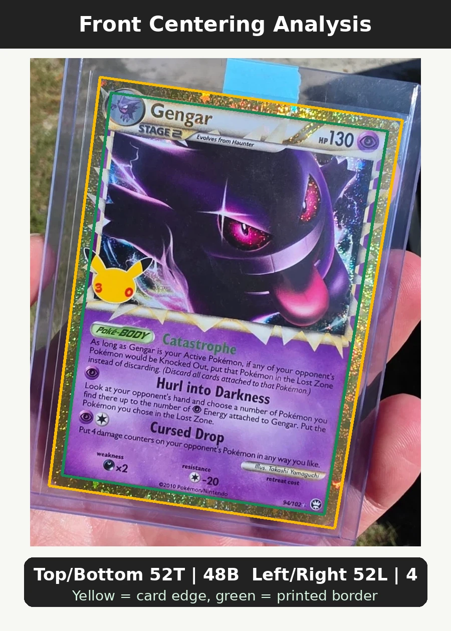 Gengar 094 30th Classic Collection front centering analysis showing Top/Bottom 52T | 48B and Left/Right 52L | 48R.