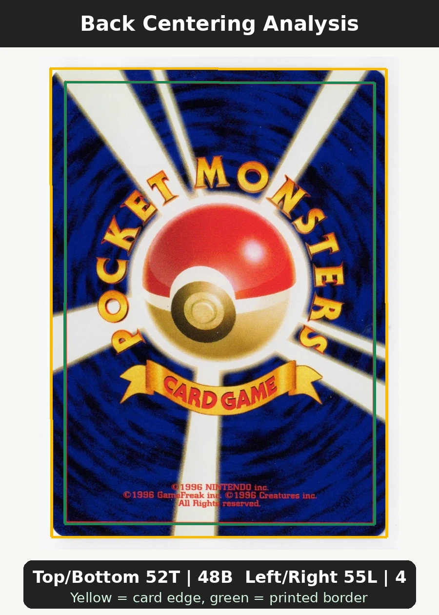 Entei 034/53 Wizards Black Star Promos back centering analysis showing Top/Bottom 52T | 48B and Left/Right 55L | 45R.