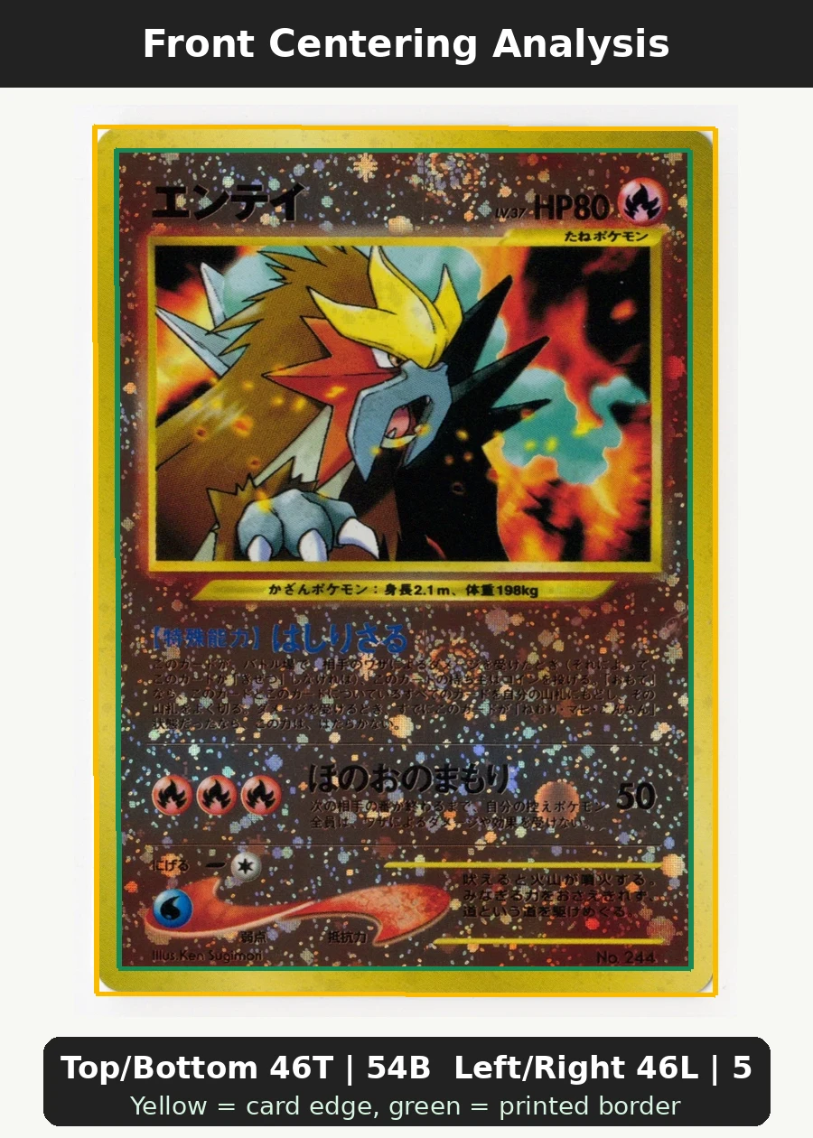 Entei 034/53 Wizards Black Star Promos front centering analysis showing Top/Bottom 46T | 54B and Left/Right 46L | 54R.