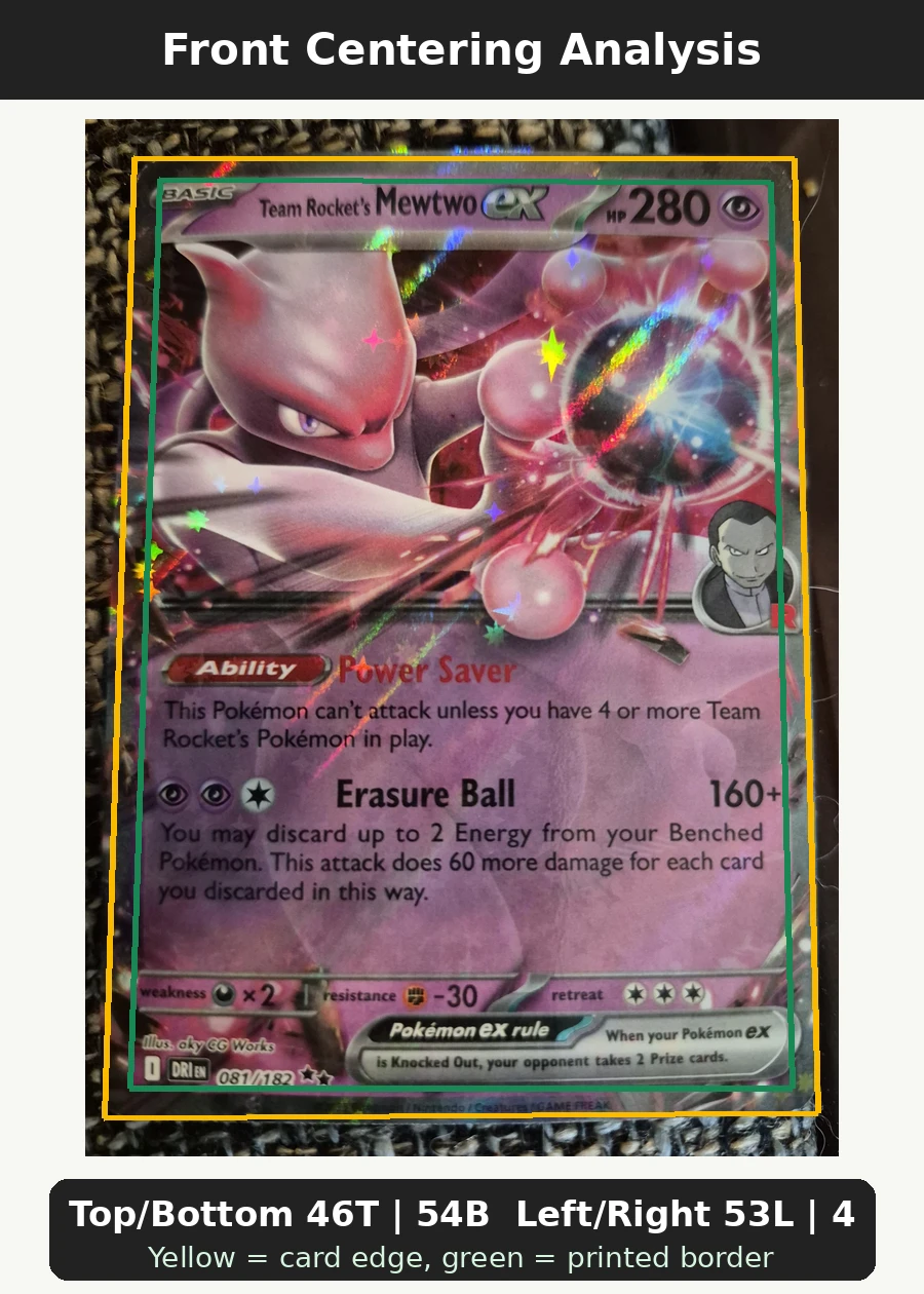 Team Rocket's Mewtwo ex 081/182 Destined Rivals front centering analysis showing Top/Bottom 46T | 54B and Left/Right 53L | 47R.