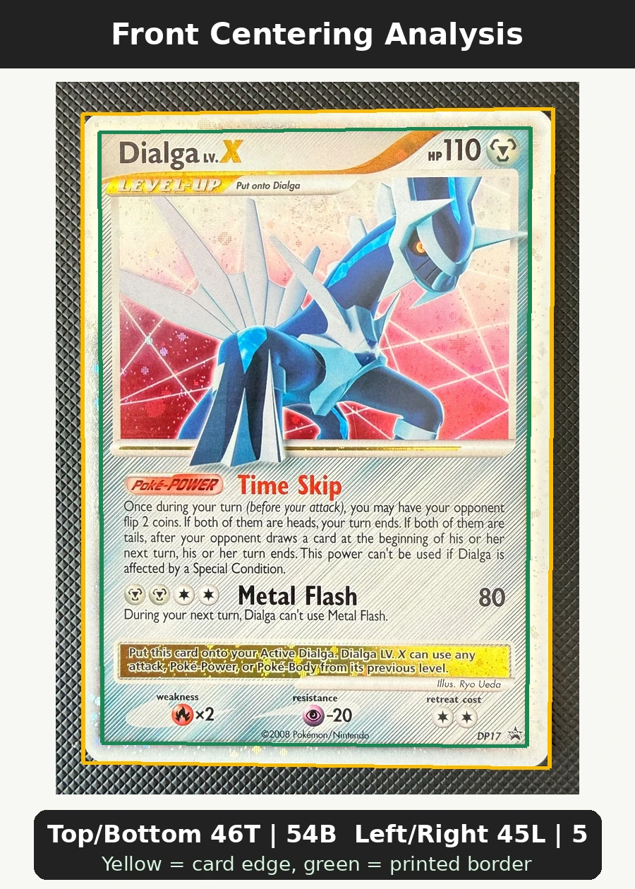 Dialga DP17/56 DP Black Star Promos front centering analysis showing Top/Bottom 46T | 54B and Left/Right 45L | 55R.