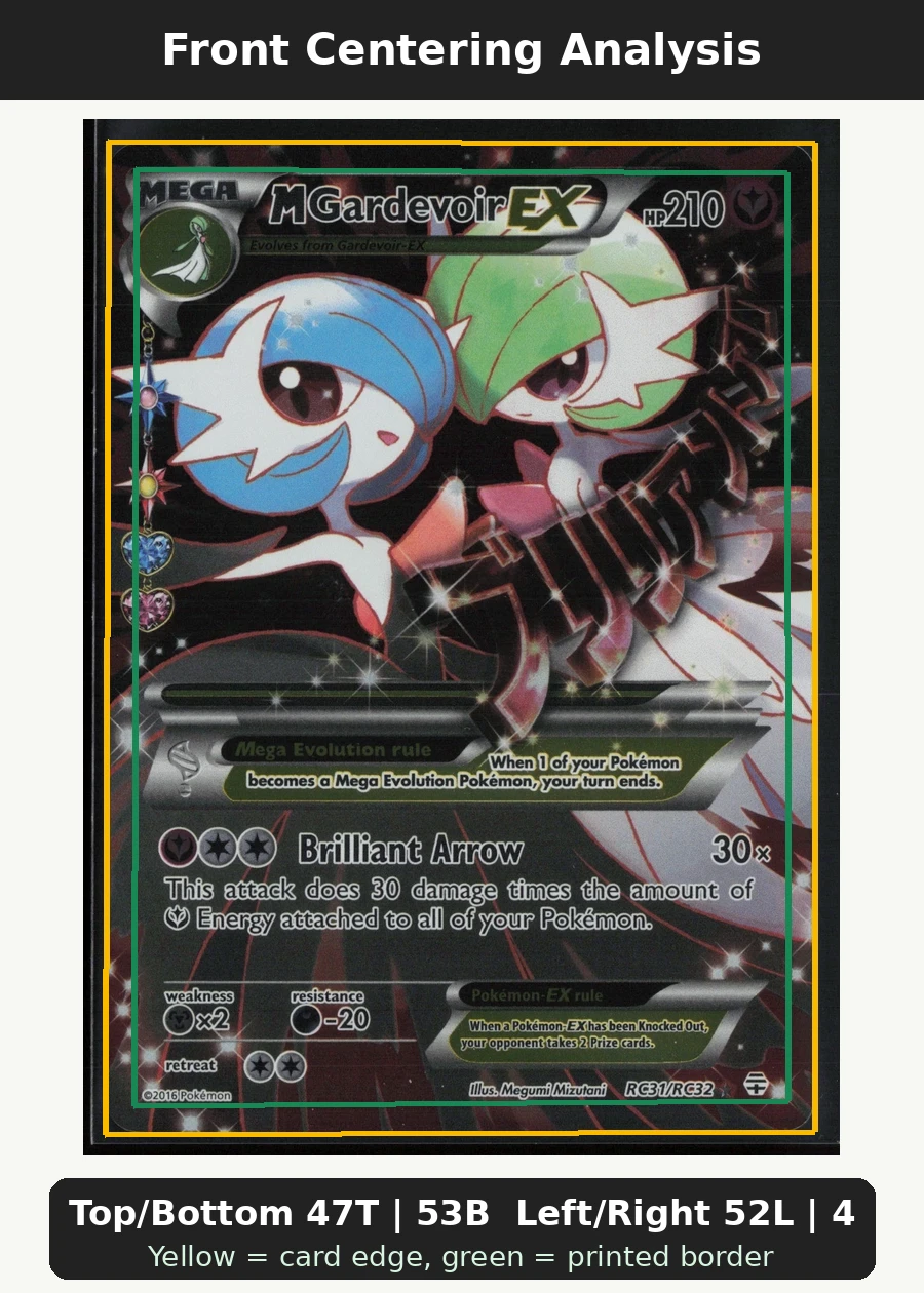 M Gardevoir EX RC31/83 Generations front centering analysis showing Top/Bottom 47T | 53B and Left/Right 52L | 48R.
