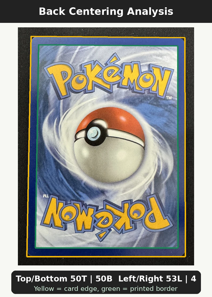 Meowth 106/94 Phantasmal Flames back centering analysis showing Top/Bottom 50T | 50B and Left/Right 53L | 47R.